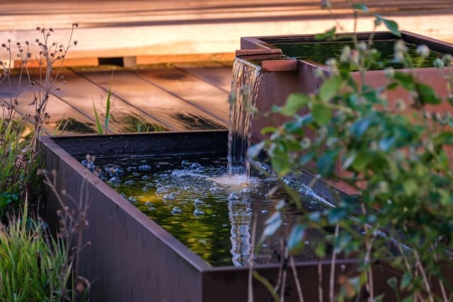 Close up view of the multi-level water feature