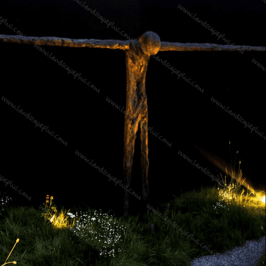 Moodlighting: well-directed mini-spot lights (75 lumens) gently lighting a sculpture at night. Photo credit: John O’Connor Sculpture -Chelsea 2018; Landscapeplus.com